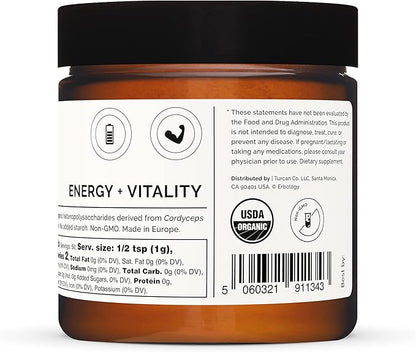 Erbology Organic Cordyceps Mushroom Powder 50 Servings - 48% Beta-glucans - Energy and Performance - Cordyceps Sinensis - Small Batch - Sustainably Grown in Europe - Vegan - Non-GMO - No Added Fillers