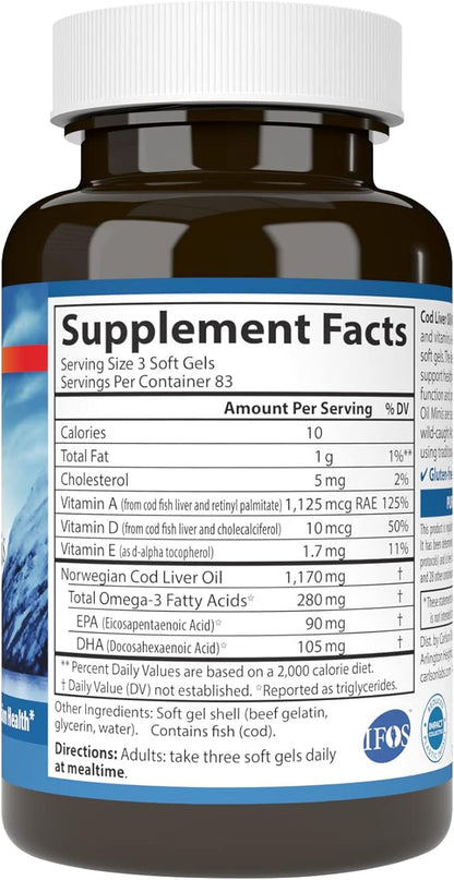 Carlson - Cod Liver Oil Minis, 280 mg Omega-3s + Vitamins A & D3, Heart Support & Cognitive Function, Vision Health, 250 Mini Soft Gels