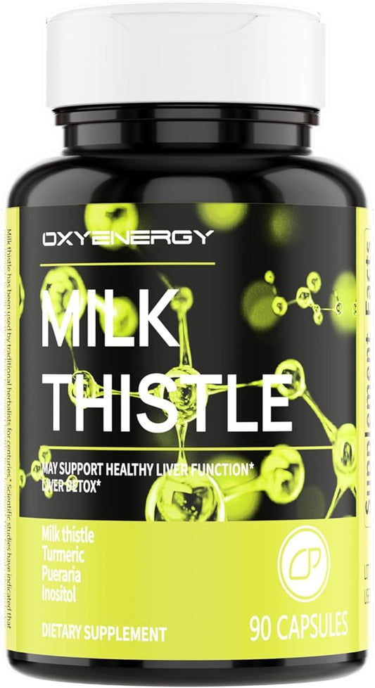 OxyEnergy Silymarin Milk Thistle 300mg Extract with Vitamin C, Inositol & Pueraria, Liver Detox & Repair Support, Antioxidant Support,90 Capsules, Cardo Mariano para el Hígado