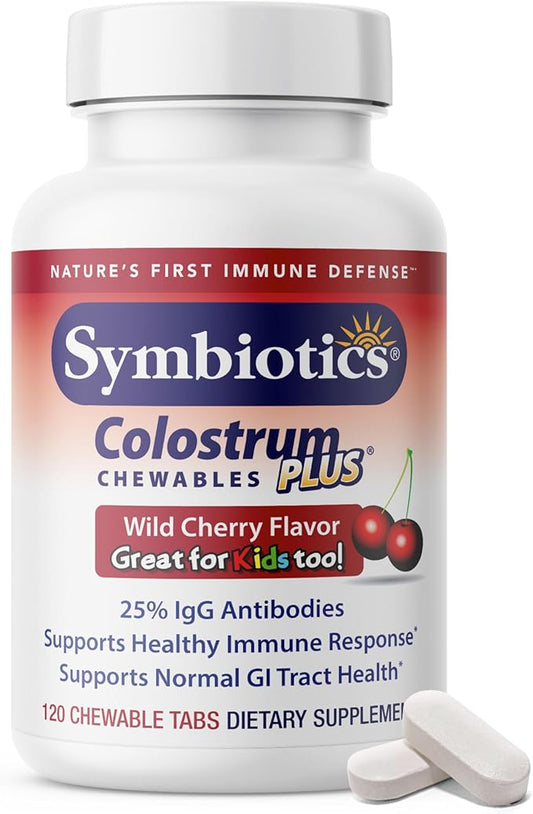 Symbiotics Colostrum 120ct Chewables Plus - Immunity Support for Adult & Kids - Lactoferrin Supplement & Colostrum Protein - Supports Digestion & Gut - 25% lgG Antibodies, Gluten Free - Wild Cherry