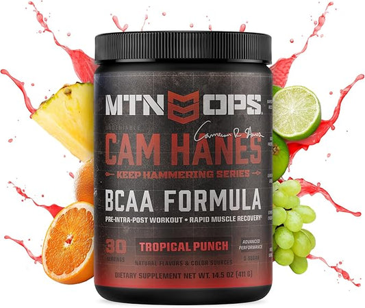 MTN OPS BCAA Powder, 2:1:1 Amino Acids Supplement Powder for Rapid Muscle Recovery & Repair with Zero Sugar & Gluten Free - 30-Serving Tub Tropical Punch Flavor, Cameron Hanes Keep Hammering Series