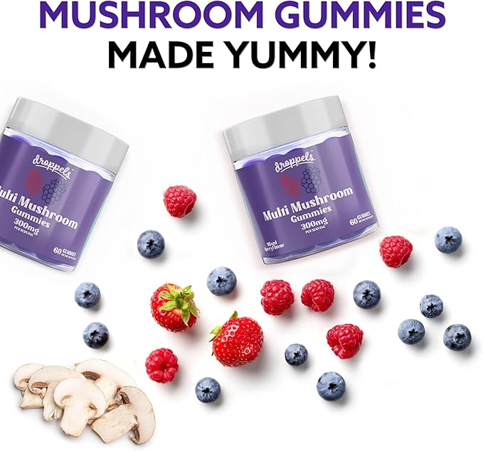 Droppels Multi Mushroom Gummies | Vegan, Pectin-Based & Non-GMO Mushroom Extracts | Maitake, Shiitake, Turkey Tail, Chaga, Reishi & Lion's Mane Mushroom Supplement | Mixed Berries Flavor, 60 Count