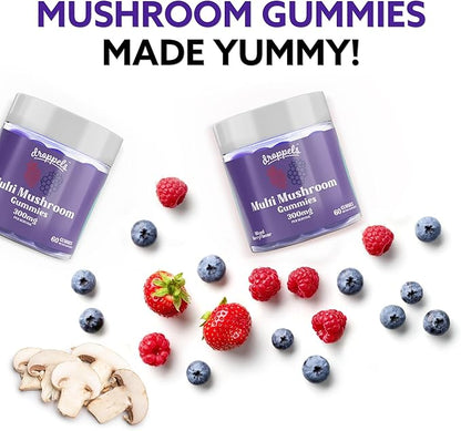 Droppels Multi Mushroom Gummies | Vegan, Pectin-Based & Non-GMO Mushroom Extracts | Maitake, Shiitake, Turkey Tail, Chaga, Reishi & Lion's Mane Mushroom Supplement | Mixed Berries Flavor, 60 Count