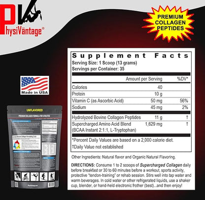 PhysiVantage Supercharged Collagen Peptides Powder - Hydrolyzed Collagen for Joint, Tendon, Ligament, & Skin Health Support - Unflavored, Keto, Paleo, 16oz | Enhanced with Vitamin C, BCAAs, Grass-Fed
