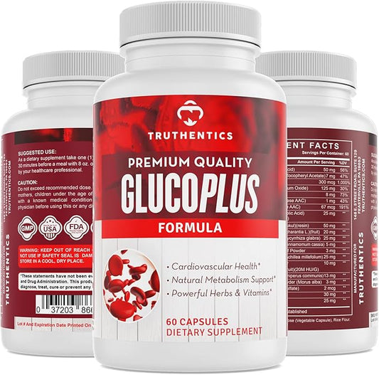 TRUTHENTICS GlucoPlus - 20 Herbs, Vitamins & Minerals with Cinnamon, Chromium, Vanadium, Bitter Melon, Alpha Lipoic Acid, Magnesium - Gluten Free, Non-GMO - 60 Capsules