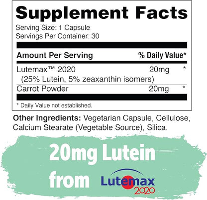 Yuve 20mg Lutein & Zeaxanthin Eye Health Supplement with Clinically Studied Lutemax 2020 Carotenoid Complex - Supports Dry Eyes, Fatigue & Vision Clarity - 30 Vegan Capsules
