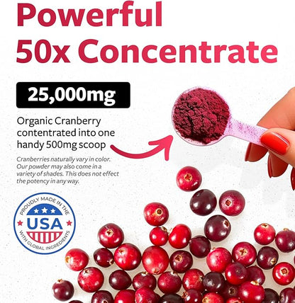 USDA Organic Cranberry Concentrate (50:1) Powder - 500mg is Equivalent to 25,000mg of Fresh Cranberries - for Kidney Cleanse & UTI Support Vitamins - Women - Supplement - 100 Servings - No Pills