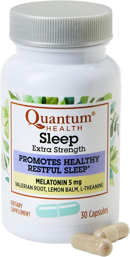 Quantum Health Extra Strength Sleep Melatonin 5mg Healthy Restful Sleep Support with Relaxing Valerian Root & L Theanine Daily Mind & Body Well Being for Women & Men - 30 Capsules