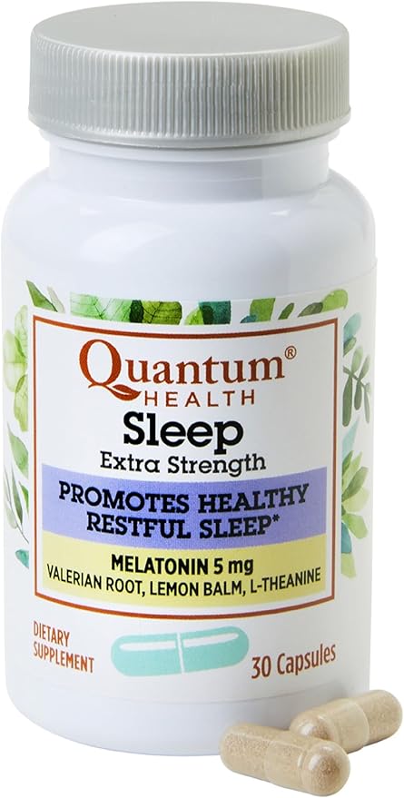 Quantum Health Extra Strength Sleep Melatonin 5mg Healthy Restful Sleep Support with Relaxing Valerian Root & L Theanine Daily Mind & Body Well Being for Women & Men - 30 Capsules