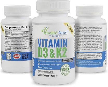 Best Vitamin D3 2000 IU + K2 - Optimized Absorption in Best Form MK7 for Lung Health, Strong Bones & Healthy Heart - All Natural - Cherry Flavor - 90 Chewable Tablets - 3 Month Supply!