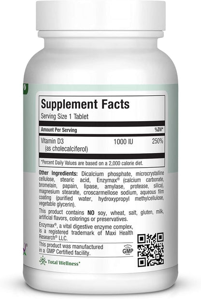 Maxi Health Vitamin D3 1000 IU Dietary Supplement - Easy to Swallow - Odorless & Tasteless - Supports Calcium Absorption, Immune Health and Bone Health in Adult Women & Men - 180 Tablets