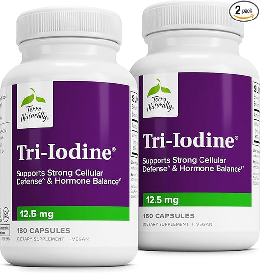 Terry Naturally Tri-Iodine - Aid Thyroid Health with Potassium Iodide & Sodium Iodide - Aids Hormone Balance with Molecular Iodine from Kelp - Brain & Energy Support - 12.5mg, 180 Capsules (Pack of 2)