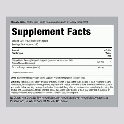 Piping Rock Ginkgo Biloba 120mg | 200 Capsules | Standardized Extract Supplement | Non-GMO, Gluten Free