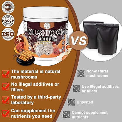 Mushroom Coffee, Instant Mushroom Coffee Mushroom Powder Blend (20 Servings) with Cordyceps, Reishi, Lion's Mane, Shiitake, King Trumpet, Mushroom Supplement for Energy, Focus, Immune Support