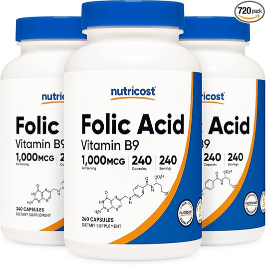 Nutricost Folic Acid (Vitamin B9) 1000 mcg, 240 Capsules (3 Bottles)