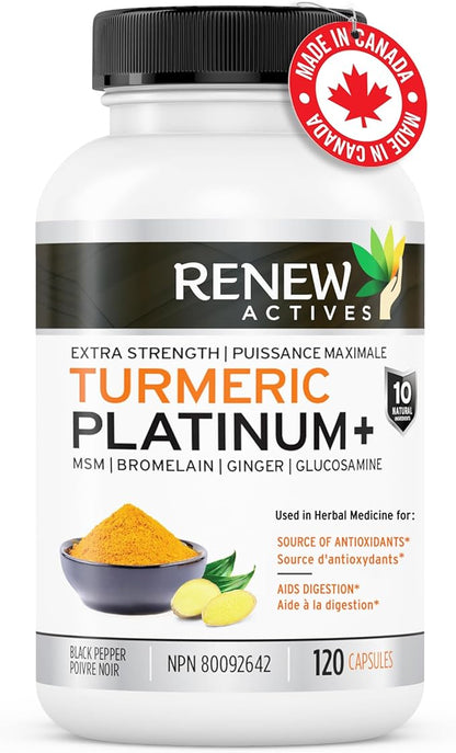 Renew Actives Turmeric Platinum 1350MG per 3 Capsules with Black Pepper & Ginger – Antioxidant, Liver & Digestive Support – Reduces Inflammation & Boosts Immunity – Made in Canada – 120 Capsules
