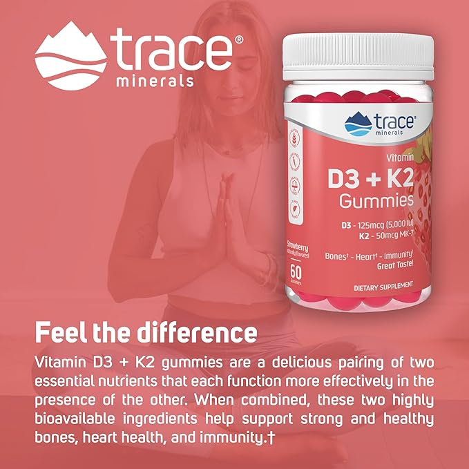 Trace Minerals | Vitamin D3 + K2 Gummies | 5,000 IU D3 + 50 mcg K2 | Vegan, Sugar Free, Gluten Free, Natural Strawberry Flavor | 60 Servings