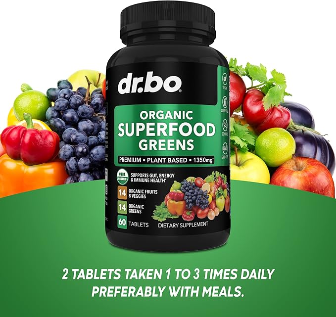 Organic Superfood Greens & Fruit Supplements - Energy Super Food Fruits and Veggies Supplement Tablets - Daily Green Veggie Powder Blend Plus Vegetable Foods Alfalfa, Spinach, Cabbage & Spirulina Tabs
