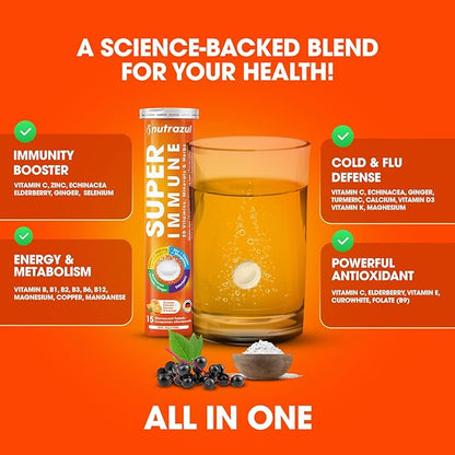 nutrazul Super Immune Effervescent Tablets | Maintains Immune Function & Antioxidant Support | 20 Vitamins, Minerals and Herbs | Orange Flavour | 30 Tablets