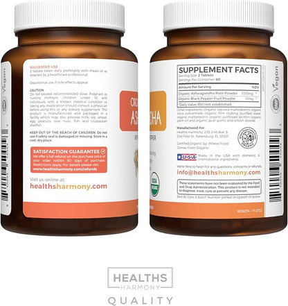 USDA Organic Ashwagandha (120 Vegetarian Tablets) 1350mg Ashwaganda Root Powder Per Serve with Black Pepper - Natural Adrenal Support, Cortisol & Thyroid Support, Immune Support (No Pills or Capsules)