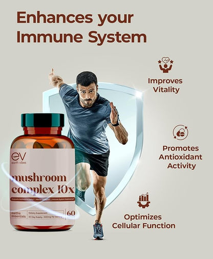 Earth Vibes 10-in-1 Mushroom Complex - 60 Vegan Capsules | Supports Immune Function & Cognitive Health | Includes Lion's Mane, Cordyceps, Reishi & Chaga | Improve Energy, Memory & Focus | Non-GMO