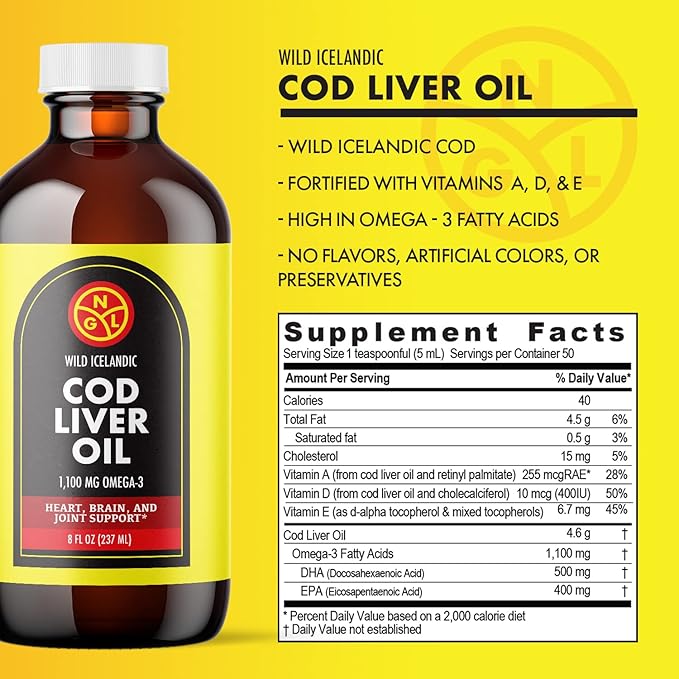 NGL Pure Cod Liver Oil - Wild Icelandic - 1,100 mg Omega-3 + Natural Vitamin A & D - Heart and Brain Health, Joint Support 8 Fl Oz
