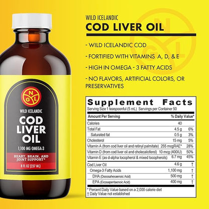 NGL Pure Cod Liver Oil - Wild Icelandic - 1,100 mg Omega-3 + Natural Vitamin A & D - Heart and Brain Health, Joint Support 8 Fl Oz
