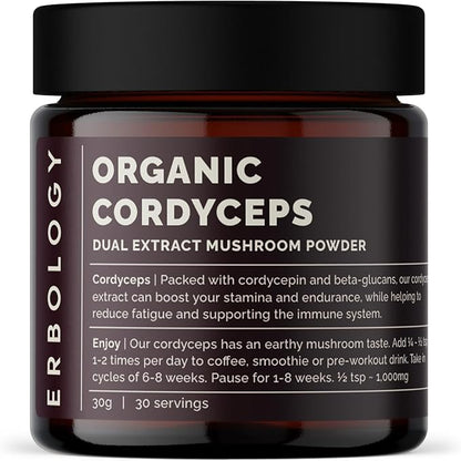 Erbology Organic Cordyceps Dual Extract Powder 30 Servings - 32% Beta-glucans and Cordycepin 7.1mg/g - Energy and Performance - Small Batch - Sustainably Grown in Europe - Vegan - No Added Fillers