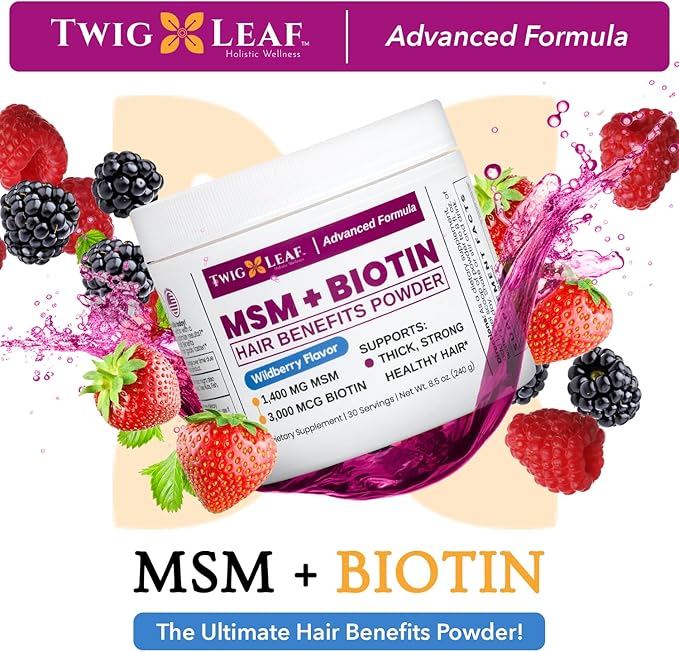 MSM + Biotin Hair Benefits Powder - Hair Growth MSM Supplement for Women & Men - Biotin & Vitamin C Blend - Wildberry MSM Powder for Hair Volume & Strength - Gluten-Free - 30 Servings (8.5 Oz)