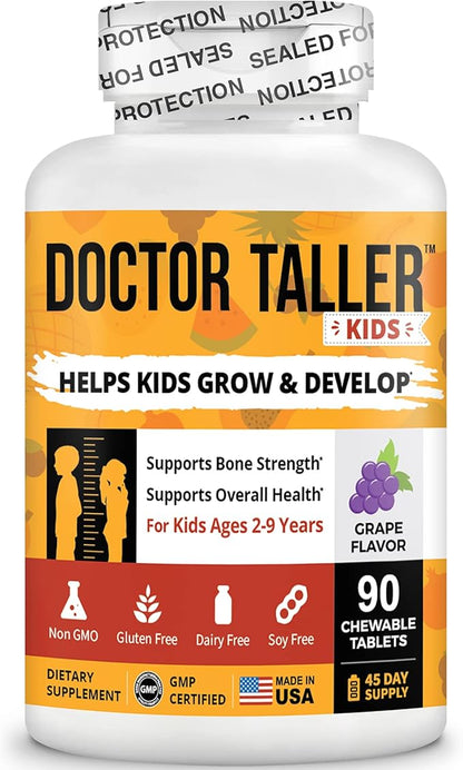 Doctor Taller Kids - Kids Multivitamins, Toddler Vitamins - Support Bone Strength, Enhanced Immunity with Calcium, Multivitamins for Ages 2 to 9 - Grape Flavor - 90 Vegan Chewable Tablets | 2 Pack