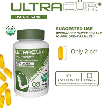 Organic USDA Certified - LPS™ Turmeric Curcumin - The Curcumin You Can Feel!™ US Patented Technology - 70% of People Feel a Significant Difference in A Week, 50% in 24 Hours! (60 Count)