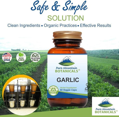 Pure Mountain Botanicals Garlic Pills Kosher Vegan Capsules with 500mg Organic Garlic Allium Sativum Supplement