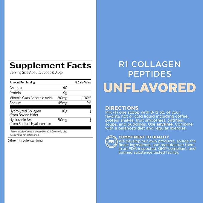 Rule 1 Collagen Peptides Powder - Hydrolyzed Bovine Collagen, Hyaluronic Acid, and Vitamin C. Supports Hair, Skin, & Nails (25 Servings, Unflavored)