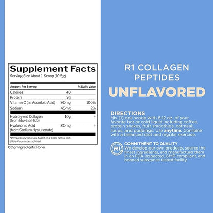 Rule 1 Collagen Peptides Powder - Hydrolyzed Bovine Collagen, Hyaluronic Acid, and Vitamin C. Supports Hair, Skin, & Nails (50 Servings, Unflavored)