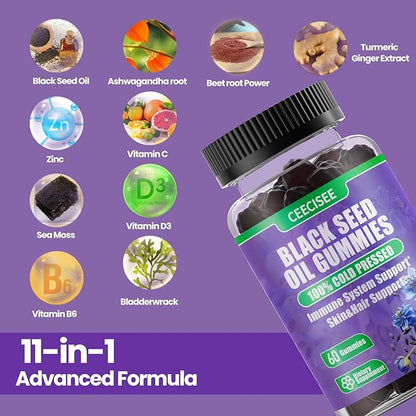 100% Cold Pressed Black Seed Oil with Zinc,Vitamin B6,C,D3,Sea Moss,Ashwagandha Root,Bladderwrack,Beet Root Power,Turmeric Ginger Extract, Support Immunity, Digestion, Hair & Skin (60 Count)