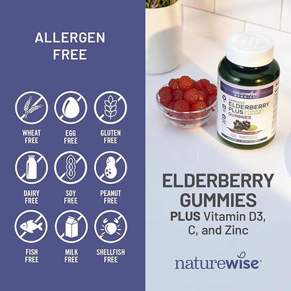NatureWise Sambucus Elderberry Gummies - Immune Support Supplement for Kids Ages 4+ & Adults with Vitamin C, D3, Zinc - Elderberries Equivalent to 3520mg - Vegan, Non-GMO - 60 Count[30-Day Supply]