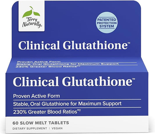 Terry Naturally Clinical Glutathione - Antioxidant Supplement for High Absorption - Dietary Supplement with L-Glutathione - Vegan Supplement to Support Cell Health - 60 Slow Melt Tablets