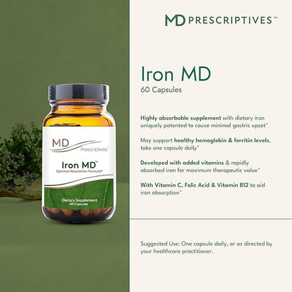 Iron MD Capsules - Daily Iron Supplement for Women & Men with Vitamin C, Vitamin B12 & Folic Acid - Optimal Absorption Formula - 60 Veg Capsules