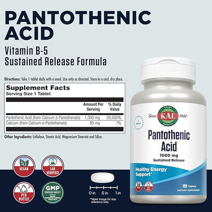KAL Pantothenic Acid 1000mg, Sustained Release Vitamin B5 - Energy Supplements - Supports Metabolism of Carbs, Fat and Protein, Hair and Skin Health, Vegan, 60-Day Guarantee, 100 Servings, 100 Tablets