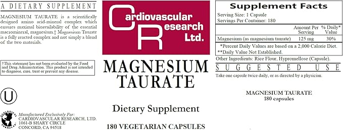 Cardiovascular Research Magnesium Taurate 125 mg New Tamper Resistant Ship Box 180 Count
