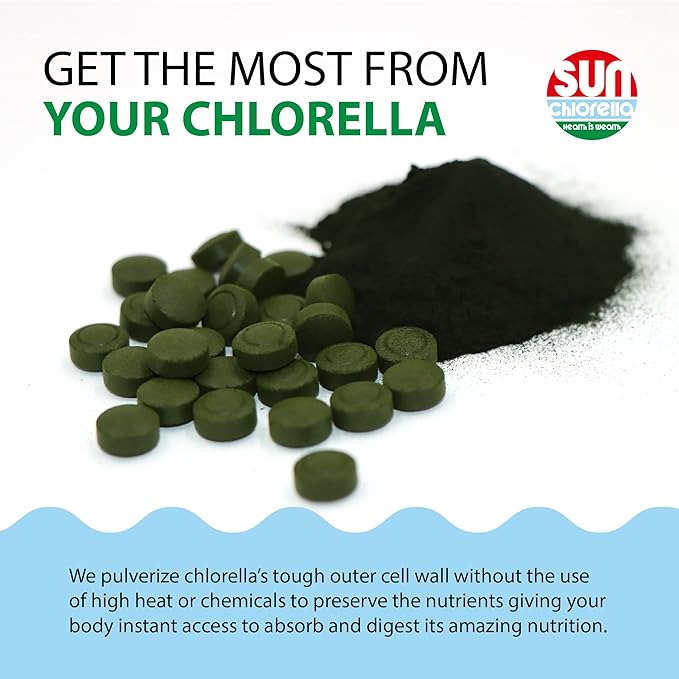 Sun Chlorella 200 mg Green Algae Superfood Supplement - Pulverized Cell Wall - Chlorophyll, CGF, Active B12, Iron, Protein - Non-GMO - 300 Tablets