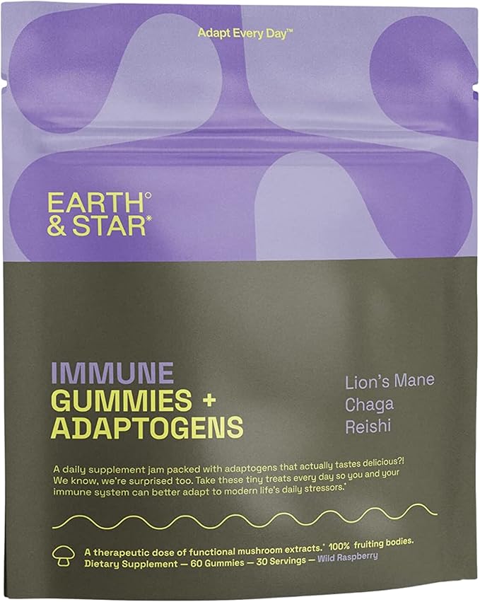 Earth & Star - 10 Mushroom Blend Gummies | 2500mg Mushroom Complex | Lion's Mane, Chaga, Turkey Tail and More | Daily Mushroom Supplement to Boost Immunity, Energy and Cognitive Functions | 60 Gummies
