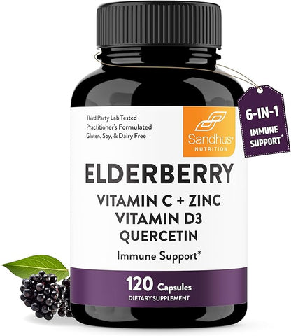 Sandhu's Quercetin with Elderberry Vitamin C & Zinc Capsules for Men & Women | Supports Immune Health | 120 Count (Pack of 1)