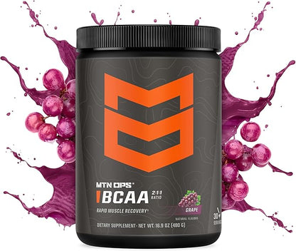 MTN OPS BCAA 2:1:1 Amino Acids Supplement Powder for Rapid Muscle Recovery & Repair with Zero Sugar & Gluten Free, 30 Servings (Grape)