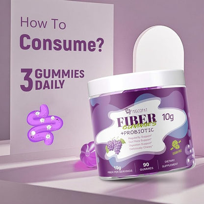10G Fiber Gummies with 30 Billion CFU Probiotics, Grape Flavor, Bloating Support, Fiber Supplement with Vitamin C, ACV, Inulin, Sugar Free, 180 Count