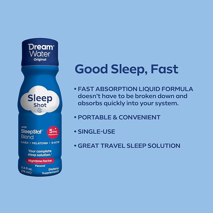 Dream Water Sleep Aid Supplement Drink; Melatonin 5mg, GABA, 5-HTP; Zero sugar, Natural flavors, No added colors, 2.5 oz liquid sleep shots, Nighttime Nectar, 24-Count