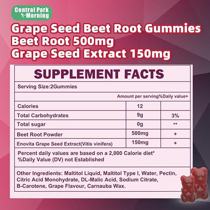 Grape Seed Sugar Beet Energy Gummies, Nitric Oxide and Blood Pressure Support, Grape Seed Extract & Non-GMO Beet Root Gummies, Grape Flavor