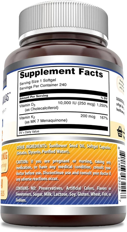 Amazing Formulas Vitamin D3 10000 IU with Vitamin K2 200 Mcg | D3 + K2 Complex Supplement | Non-GMO | Gluten-Free | Made in USA (240 Count, 1 Pack)