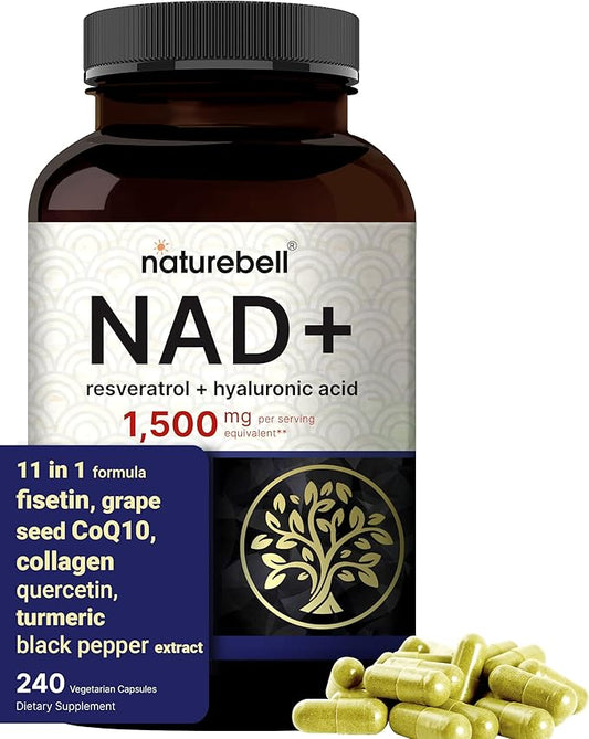 NatureBell NAD+ 1,500mg Per Serving, 240 Veggie Capsules | 10-in-1 Complex with Resveratrol Plus Hyaluronic Acid, Quercetin, Fisetin, Collagen, & More – Nicotinamide Supplement – Non-GMO