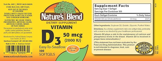 Nature's Blend Vitamin D3 50 MCG (2000 IU) Easy-to-Swallow, 100 SOFTGELS